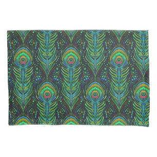 vivid green peacock feathers standard pillowcase