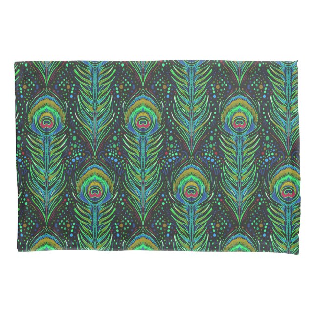 vivid green peacock feathers standard pillowcase (Front)