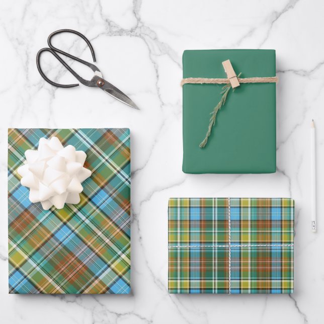 Vivid Green, Yellow, Burnt Orange & Blue Plaid Wrapping Paper Sheet (Front)