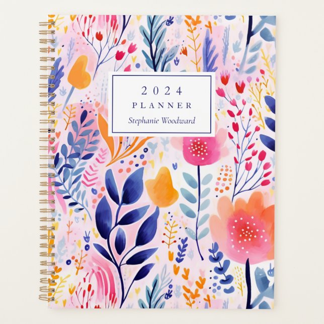 Vivid Hand Painted Botanical Blue Monogram 2024 Planner (Front)