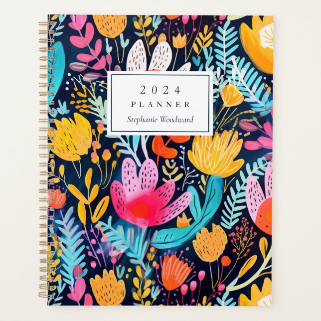 Vivid Hand Painted Floral Turquoise Monogram 2024 Planner (Front)