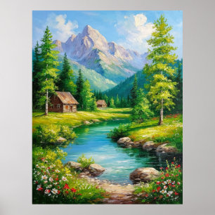 Vivid Landscape With Mountains, River Scenery Poster