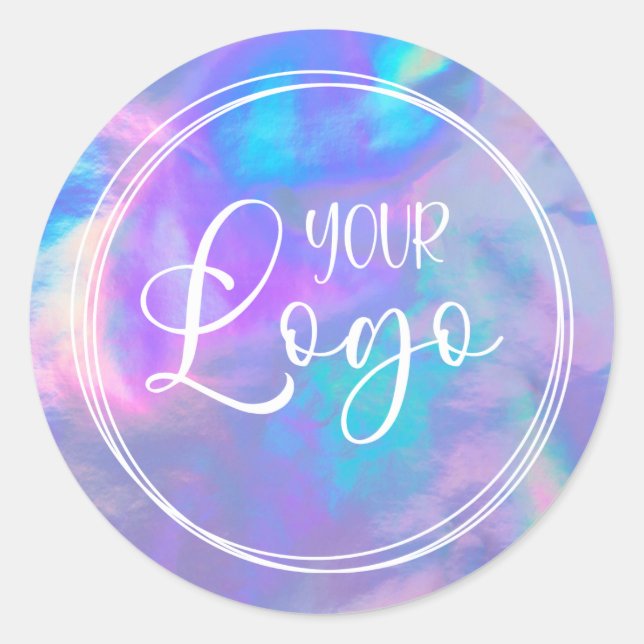 Vivid Magenta Aqua Holographic Your Logo Here Classic Round Sticker (Front)