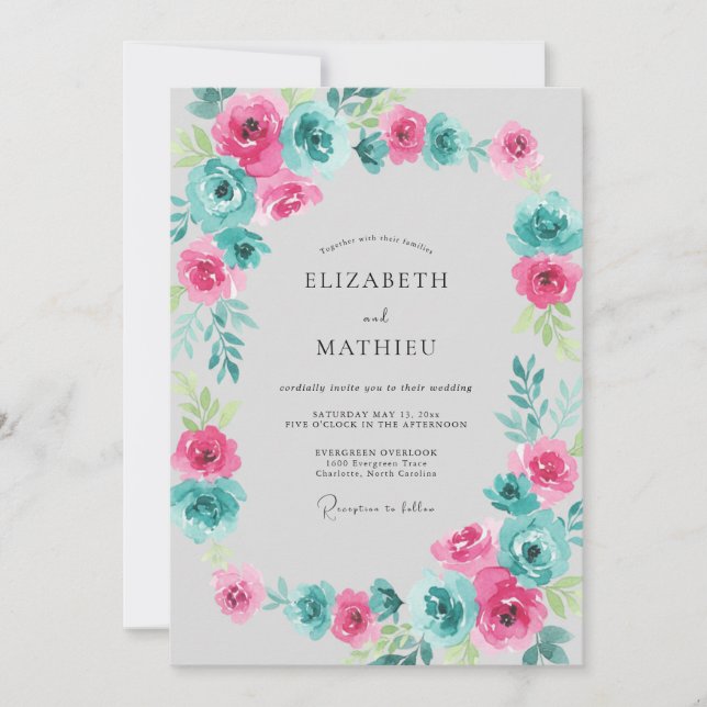 Vivid Magenta Teal Floral Wedding Invitation (Front)
