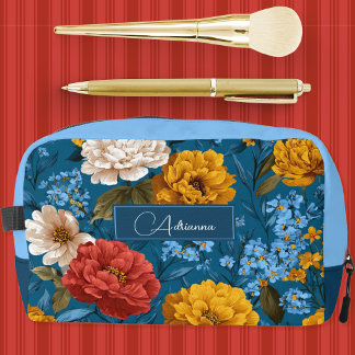 Vivid Maximalist Yellow and Cream on Blue Floral Dopp Kit