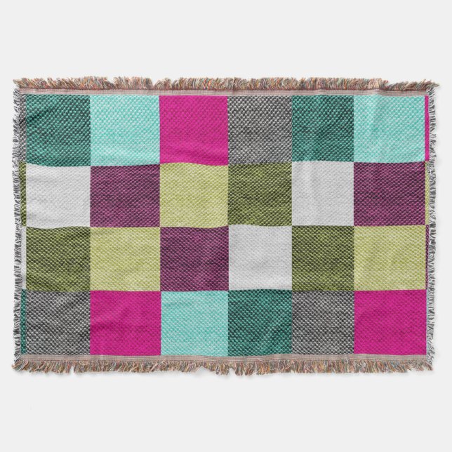 Vivid Multicolored Textured Wool Squares Throw Blanket (Front)
