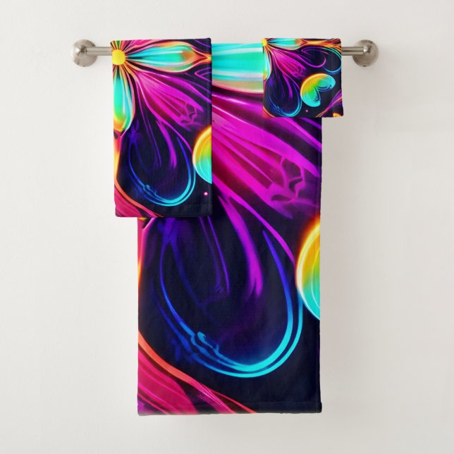 Vivid Neon Floral Mandala Art Bath Towel Set (Insitu)