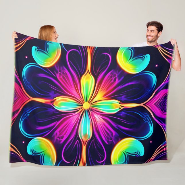 Vivid Neon Floral Mandala Art Fleece Blanket (In Situ)