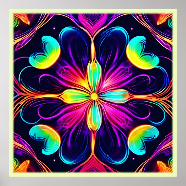 Vivid Neon Floral Mandala Art Poster (Front)