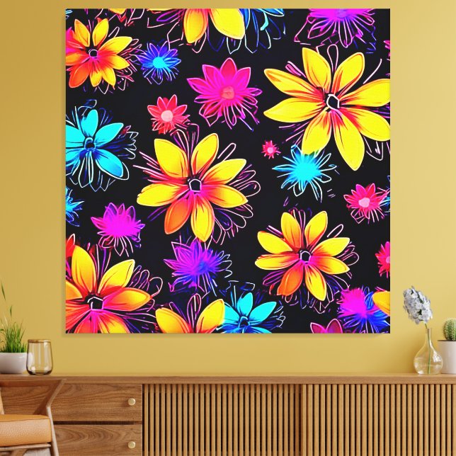 Vivid Neon Floral Pattern Canvas Print (Insitu(LivingRoom))