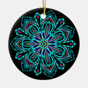 Vivid Neon Geometric Mandala on Black Bauble Ceramic Tree Decoration