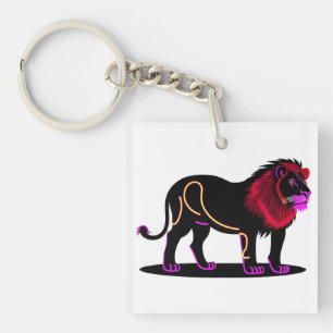 Vivid Neon Lion Illustration with Vibrant Magenta Key Ring