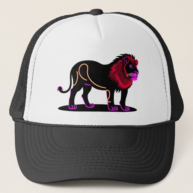 Vivid Neon Lion Illustration with Vibrant Magenta Trucker Hat (Front)