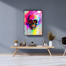 Vivid Neon Sugar Skull with Abstract Paint Splashe