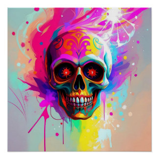 Vivid Neon Sugar Skull with Abstract Paint Splashe Poster