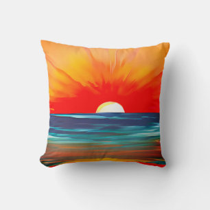 Vivid Ocean Sunset in Orange and Blue Cushion