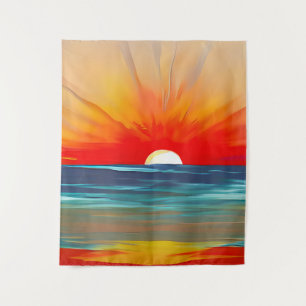 Vivid Ocean Sunset in Orange and Blue Tapestry