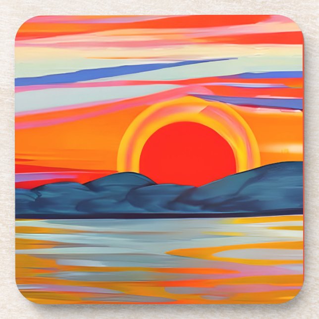Vivid Ocean Sunset Over Mountains Coaster (Front)