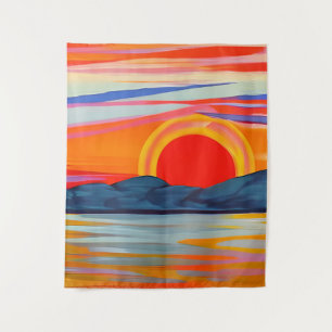 Vivid Ocean Sunset Over Mountains Tapestry