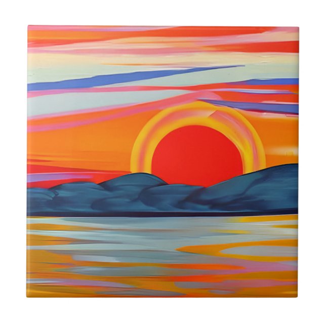 Vivid Ocean Sunset Over Mountains Tile (Front)