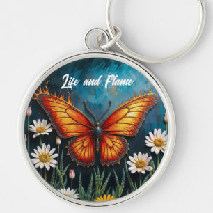 Vivid orange insect butterfly chamomile flowers key ring