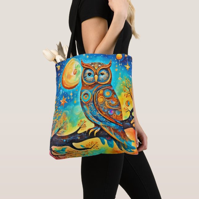 Vivid Owl Celestials: Wonder and Magic Tote Bag (Close Up)