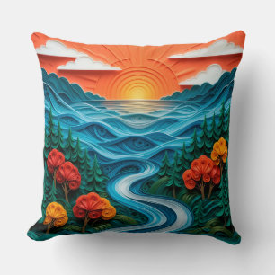 Vivid Paper Art Depicting a Serene Sunset Cushion