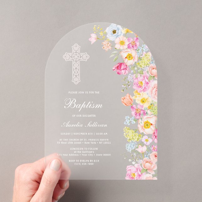 Vivid Pastel Flowers Arch Baptism Acrylic Invitations (Insitu (Handheld))