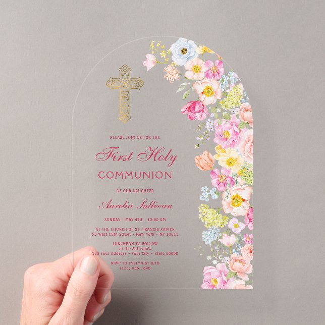 Vivid Pastel Flowers Arch First Communion Acrylic Invitations (Insitu (Handheld))