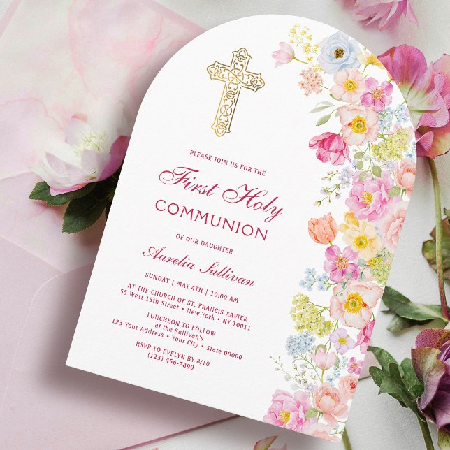 Vivid Pastel Flowers Arch First Communion Invitation (Creator Uploaded)