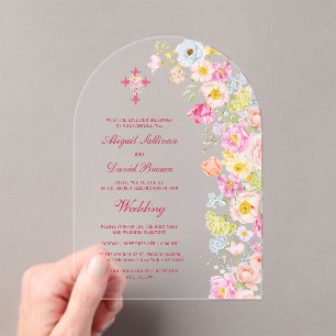 Vivid Pastel Flowers Arch Religious Wedding Acrylic Invitations