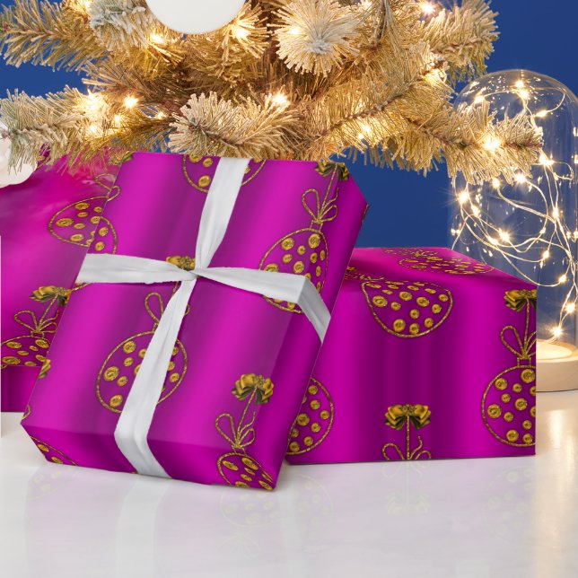 Vivid Pink Christmas with Golden Baubles Festive  Wrapping Paper (Holidays)