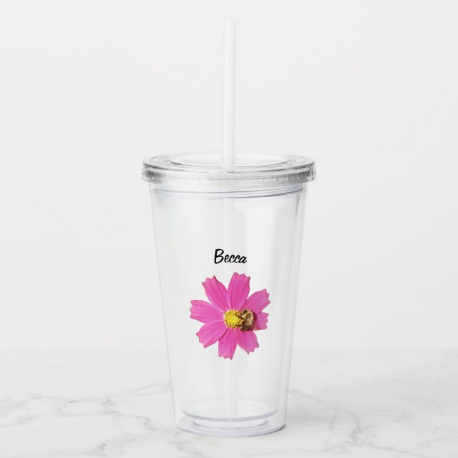 Vivid Pink Cosmos Flower with a Bee Personalised Acrylic Tumbler (Front)