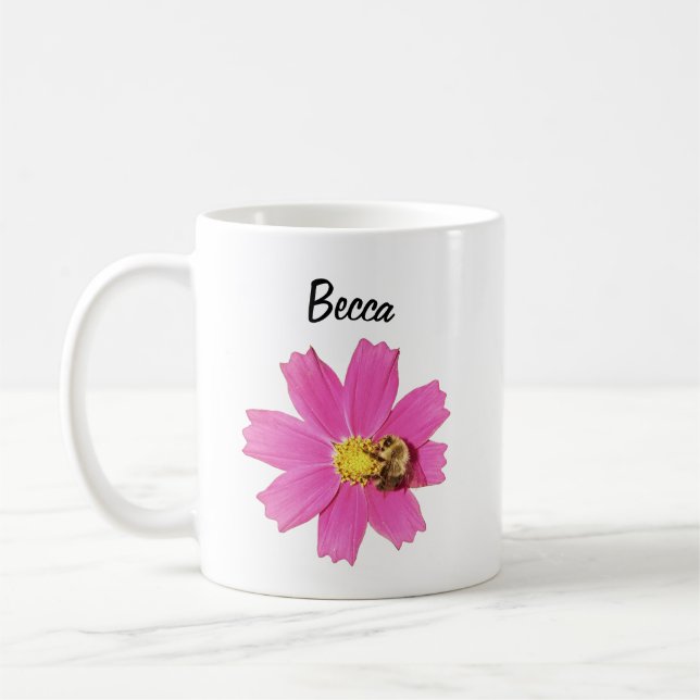 Vivid Pink Cosmos Flower with a Bee Personalised Coffee Mug (Left)