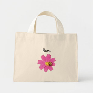 Vivid Pink Cosmos Flower with a Bee Personalised Mini Tote Bag
