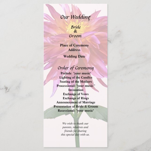 Vivid Pink Dahlia Programme (Front)