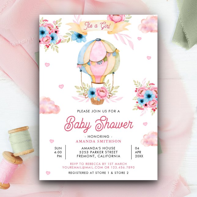 Vivid Pink Floral Hot Air Balloon Girl Baby Shower Invitation (Creator Uploaded)