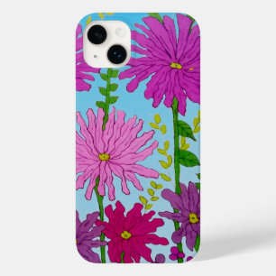 Vivid Pink Flower Drawing on Blue Case-Mate iPhone 14 Plus Case
