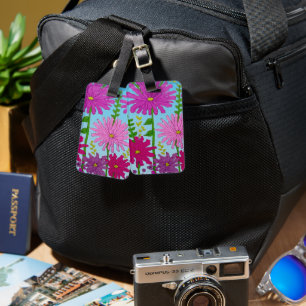 Vivid Pink Flower Drawing on Blue Luggage Tag
