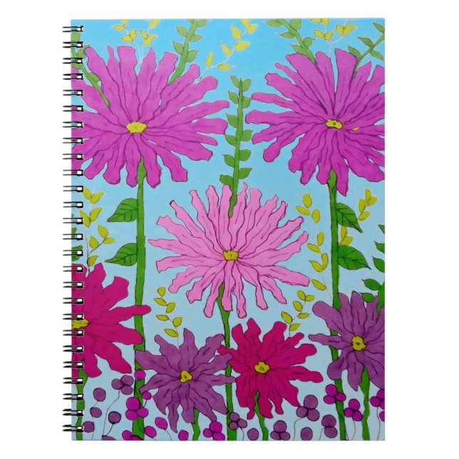 Vivid Pink Flower Drawing on Blue Notebook (Front)