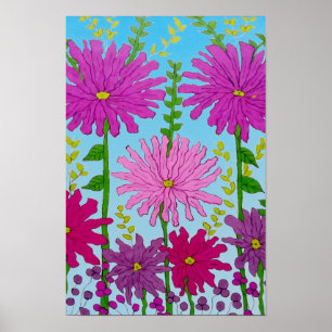 Vivid Pink Flower Drawing on Blue Poster