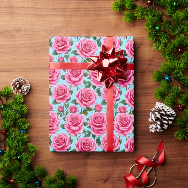 Vivid Pink Roses Patterned Against Wrapping Paper (Holiday Gift)