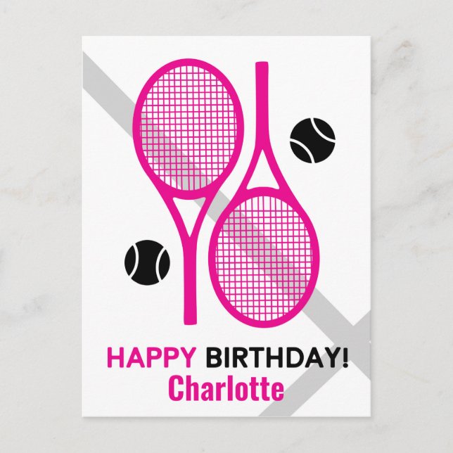Vivid pink tennis rackets Tennis Birthday Postcard (Front)