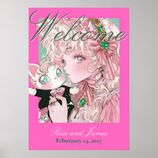 Vivid Pink Y2K Anime Gothic Cat Wedding Poster