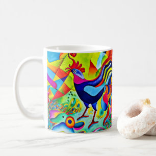 "Vivid Plumage". A Surreal Colourful Cockerel Coffee Mug