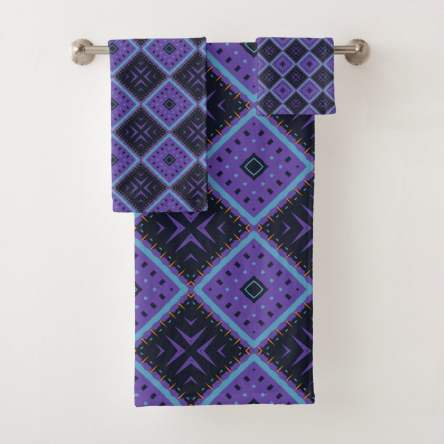 Vivid Purple and Blue Geometric Diamond Pattern Bath Towel Set (Insitu)