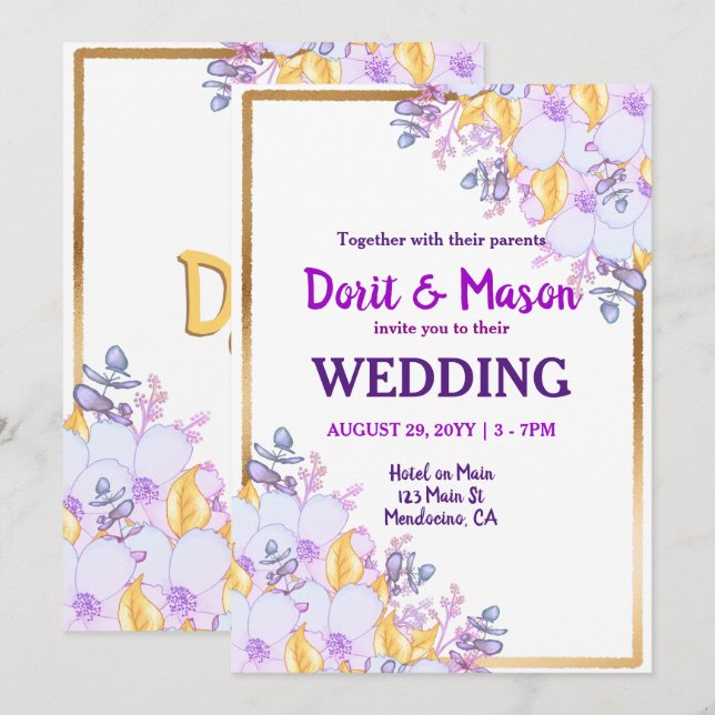 Vivid Purple and Gold Floral Gold Framed Invitation (Front/Back)