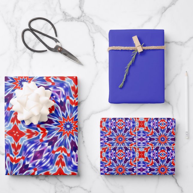 Vivid Purple, Blue, Red & White Pattern Wrapping Paper Sheet (Front)