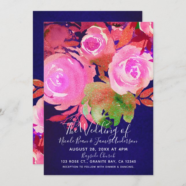 Vivid Purple Modern Spring Floral Bouquet Wedding Invitation (Front/Back)