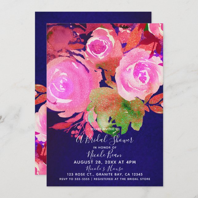 Vivid Purple Modern Spring Floral Bridal Shower Invitation (Front/Back)